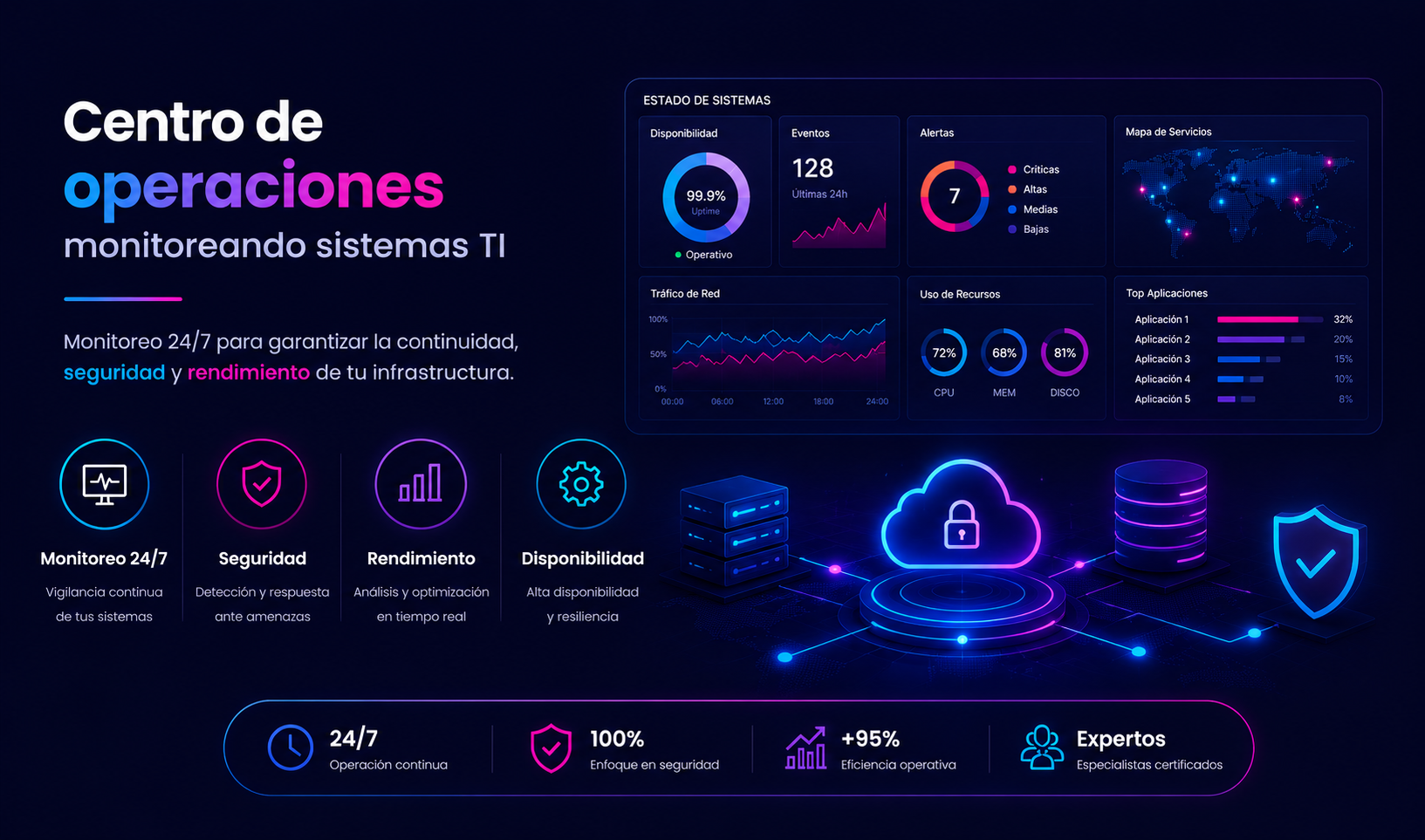 Centro de operaciones monitoreando sistemas TI